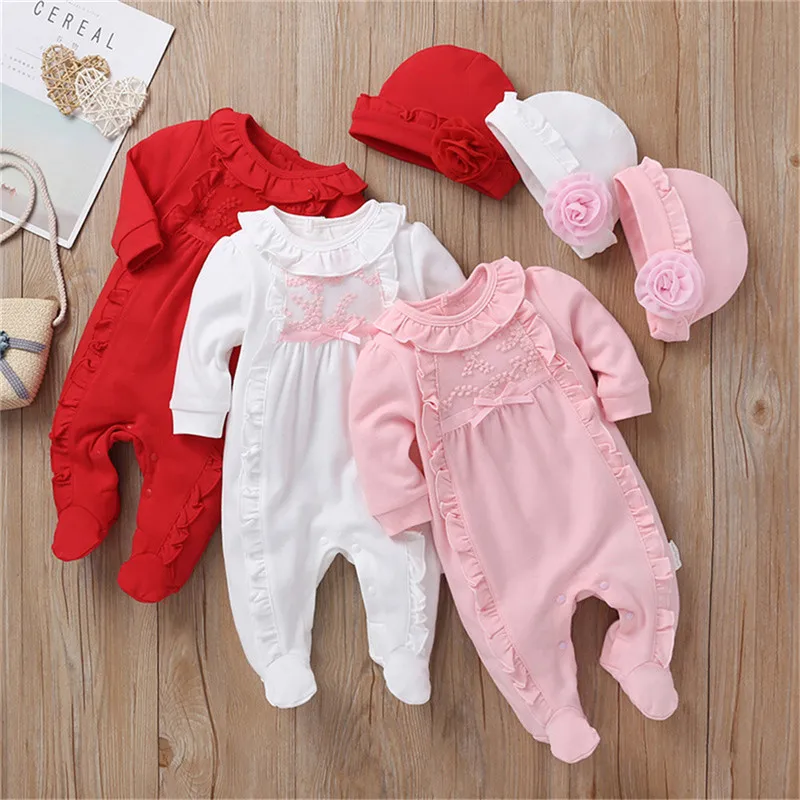 0-12months Princess Baby Girl Footies Jumpsuit Long Sleeve 3D Print Ruffled Infant Girls Romper Footwear + Flower Hat Set