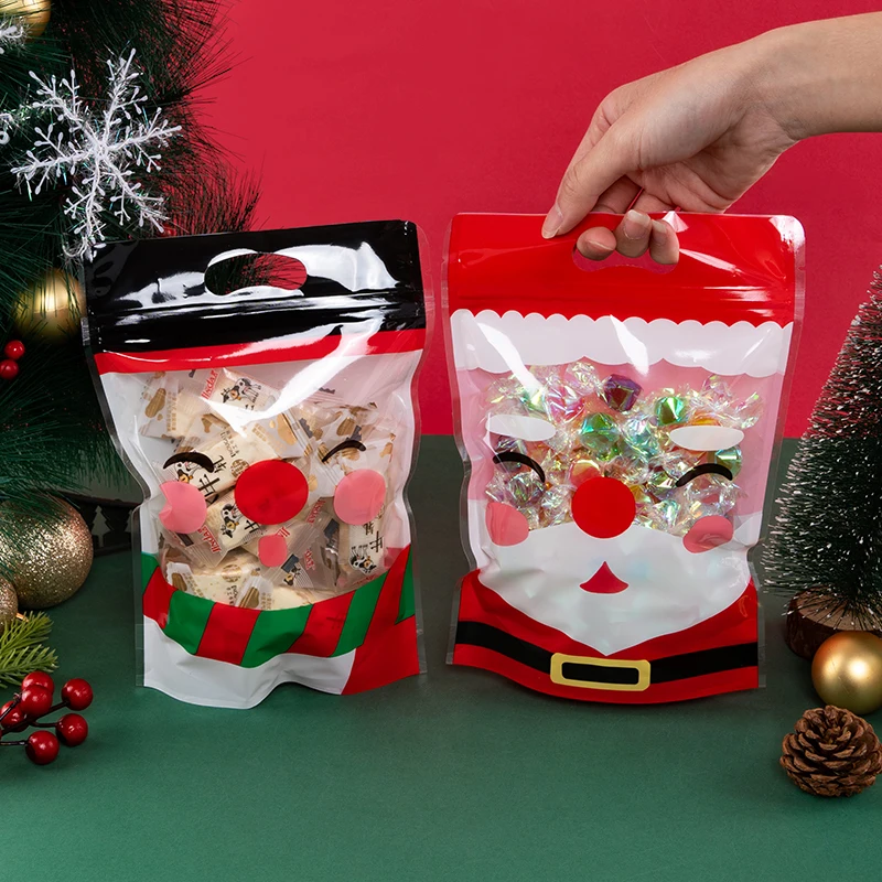10pcs Christmas Handle Bag for Candy Chocolate Cookie Nougat Biscuit Xmas Packing Gift Santa Zipper Bags