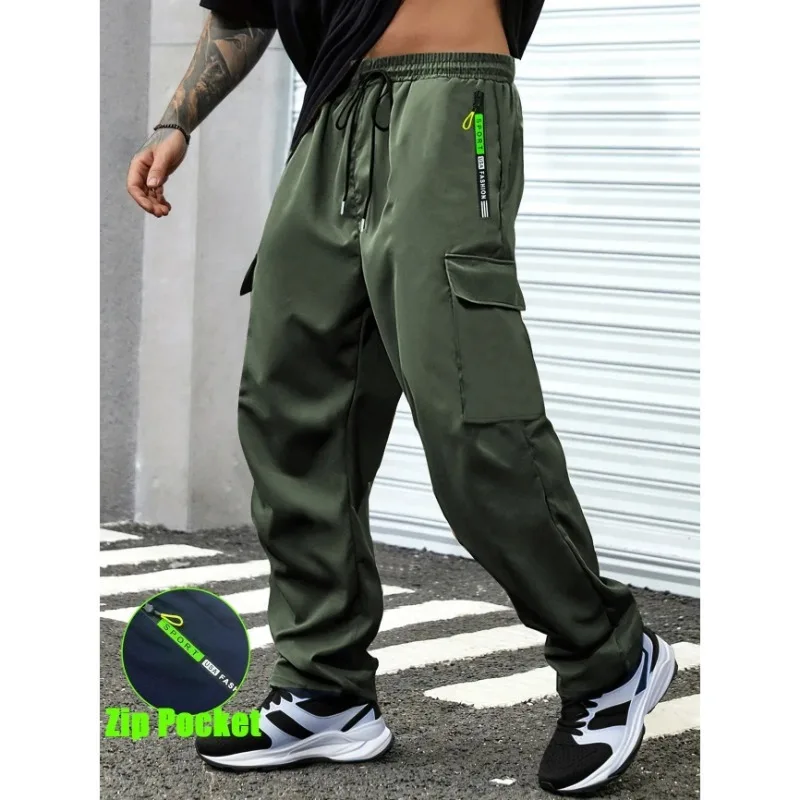 1pc Men Lightweight Cargo Pants with Drawstring Elastic Waist Multiple Zipper Pockets Large Side Pockets Breathable Regular Fit
