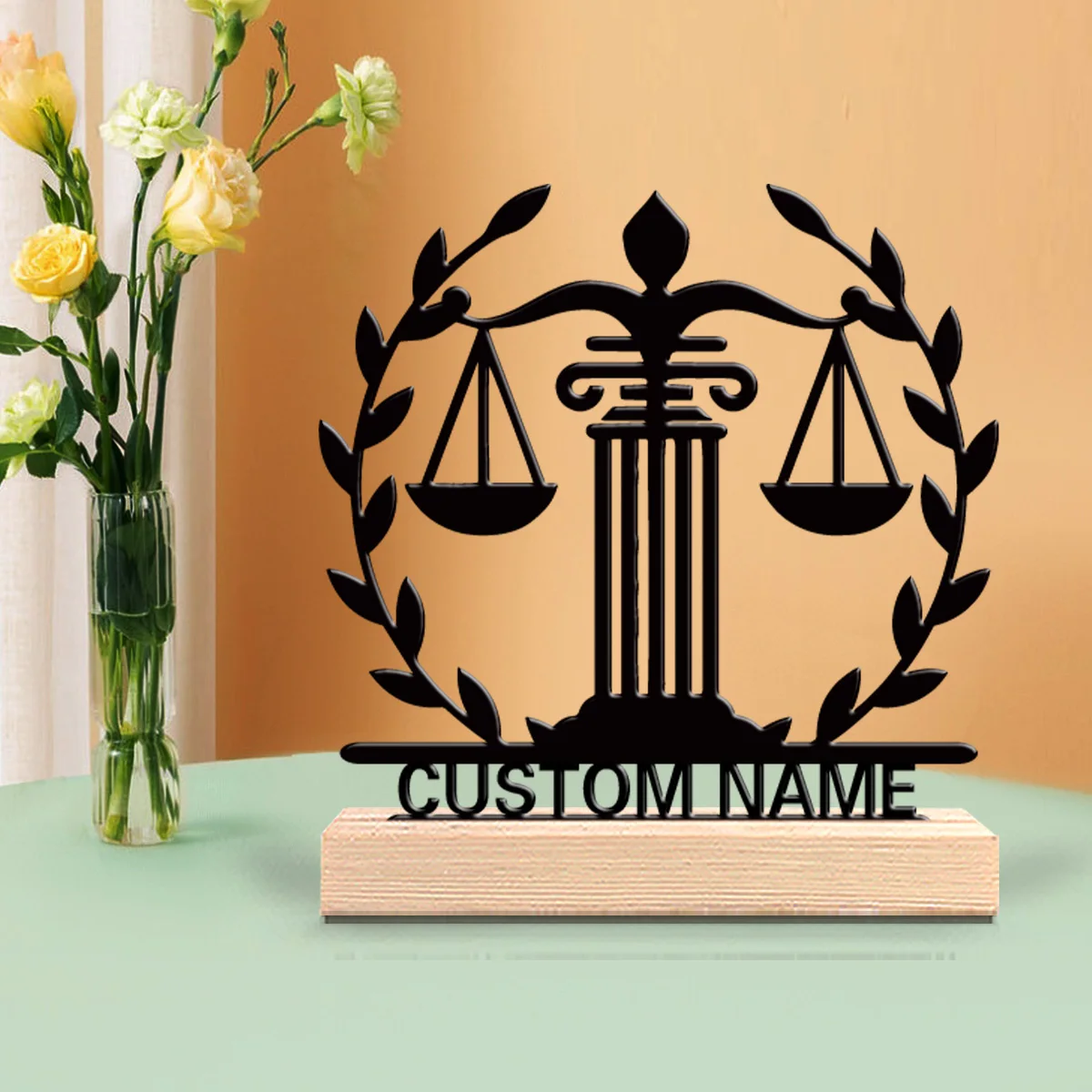 1pc Simple Judge image logo scale Customized Name Iron Statue With Wood Base Iron Sculpture Study Desktop Decoration