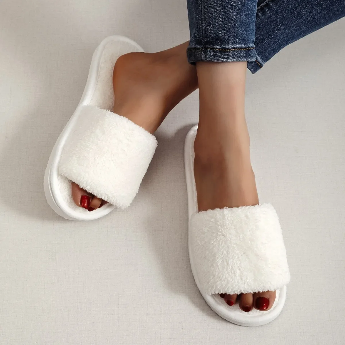 2025 House Slippers Women Four Seasons New Open Toe Fur Warm Plush Comfortable Lightweight Flat Home Shoes comfortable slippers