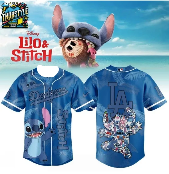 2025 New ‌‌‌‌Disney Stitch × Dodgers Blue Beach Style Baseball Jacket for Boys and Girls Quick-drying Breathable Fashion T-shirt