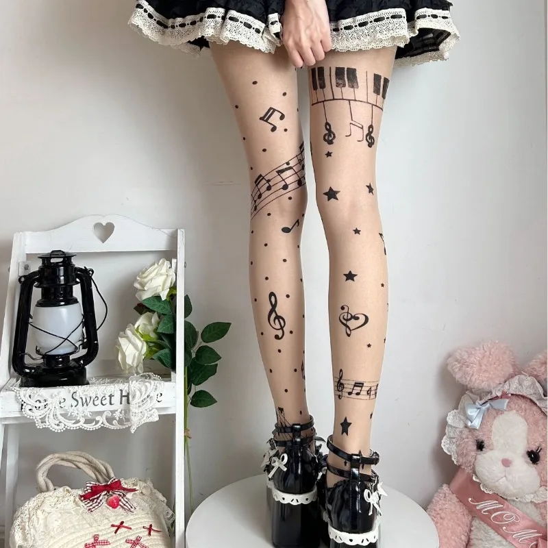 2025 New Sweet Music Notes Pantyhosen Sheer Black Tights for Women Thin Stretchy Stockings Cute Leggings Trendy Fashion Hosiery