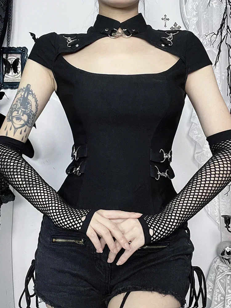 2025 New Women Vintage Punk Tees Dark Academia Gothic Hollow Out Short Sleeve Crop Tee Tops Streetwear Y2K Grunge Indie Clothes