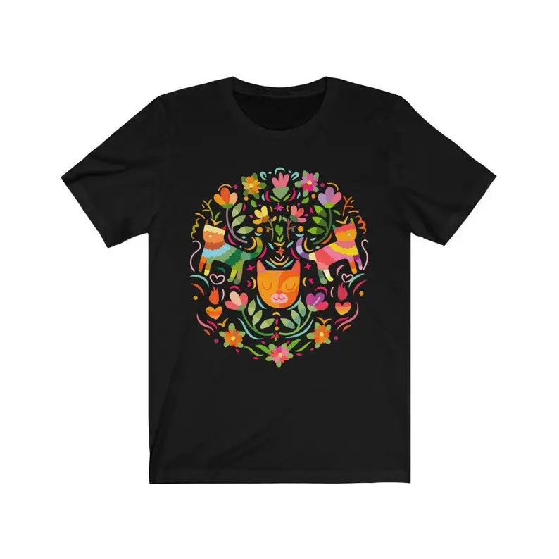 2025 Summer New Cat Love Shirt Cat Funny T-shirt Otomi Print Artesanias Mexicanas Pet Sympathy Gift Mexican Original