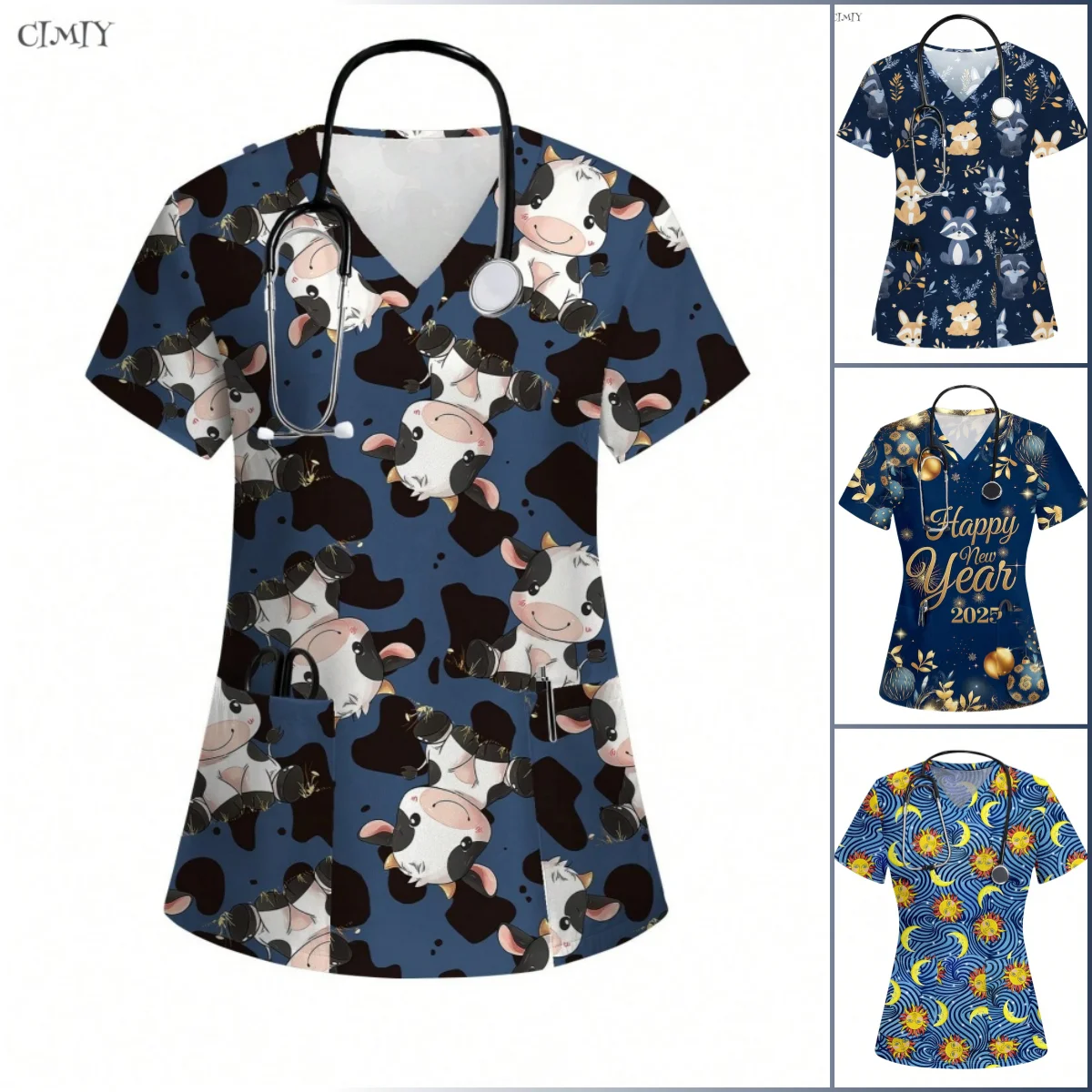 2025 Surgical Uniform Woman Cute Print V-Neck Clinical Uniform Short Sleeve Patch Pocket Tops Surgical Uniforms Woman Nurses