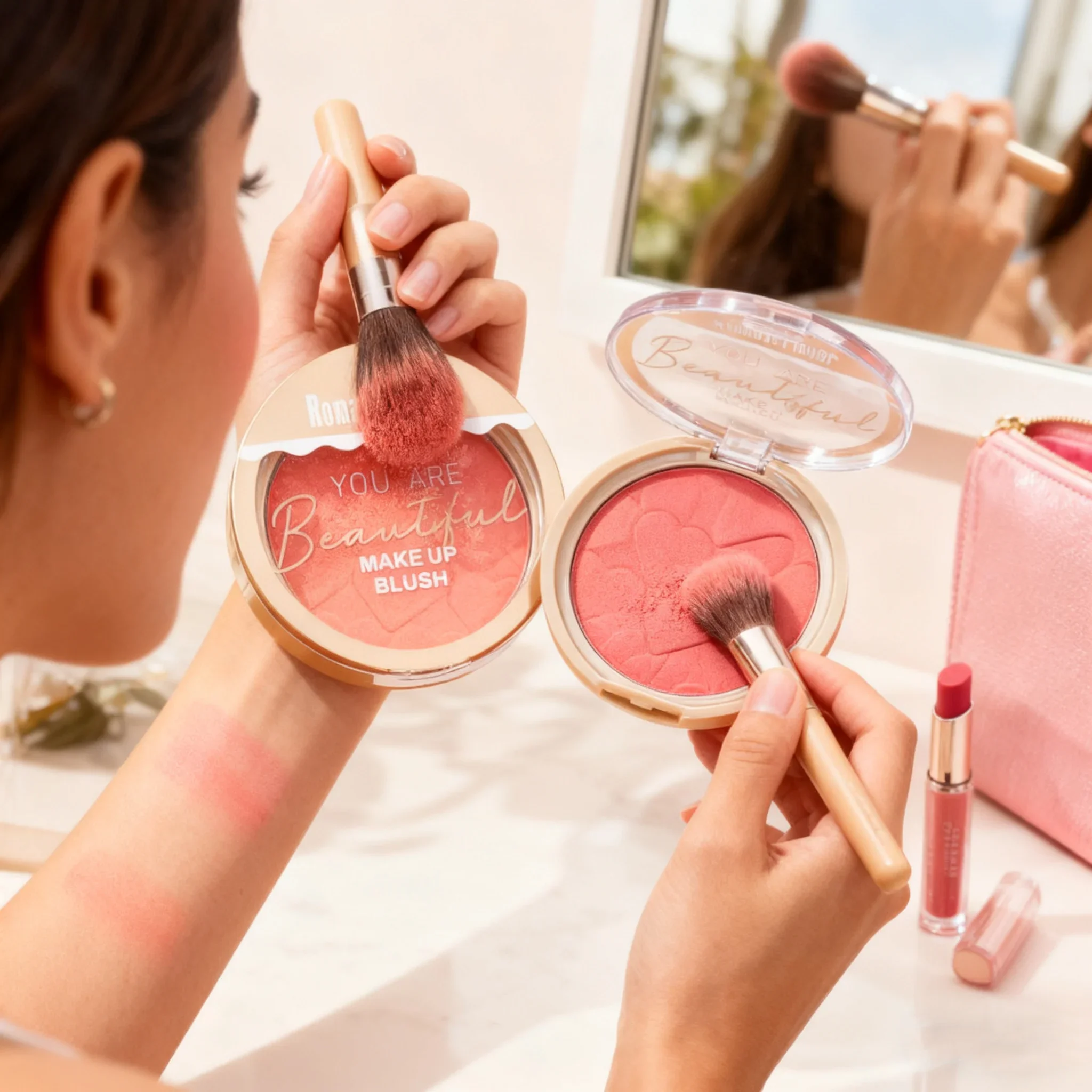 4-Color Mini Blush Compact - Waterproof Long-Lasting Moisturizes Dry Skin Blush Enhances Complexion & Brightens Tone