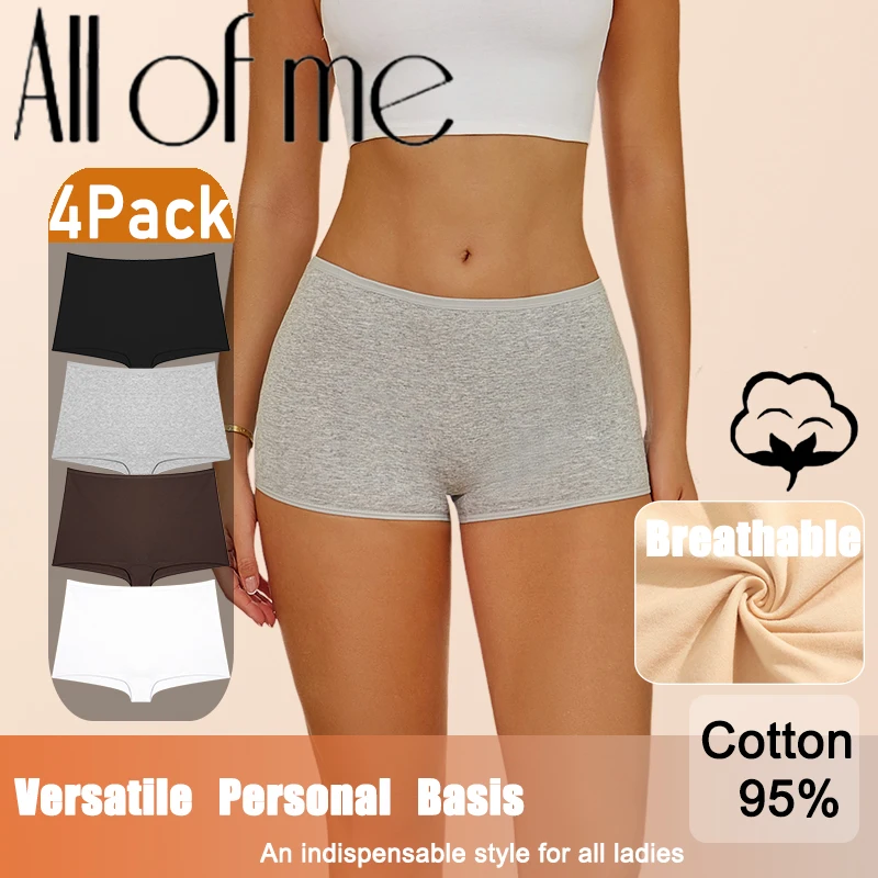 4PCS/Set Women Cotton Panties Sexy Low Rise Boyshorts Seamless Sports Boxers Female Comfortable Underwear Solid Color Lingerie