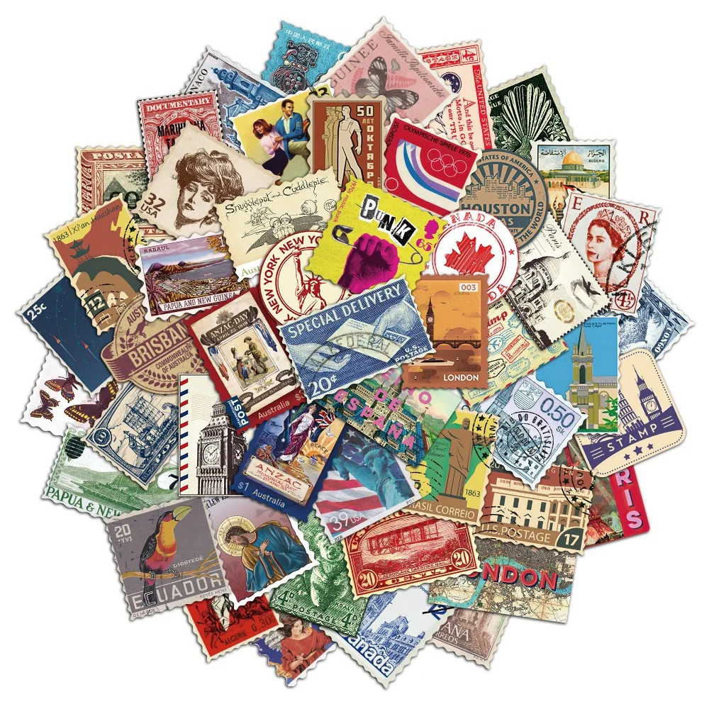 50PCS Retro Travel Stamp Sticker Pack Retro Postmark Series Handheld Diary DIY Material Decoration Sticker