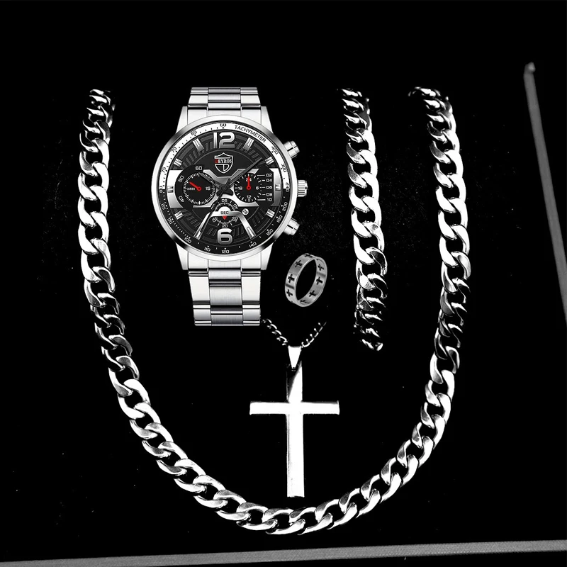 5PCS Set DEYROS Fashion Mens Calendar Watches Men Business Stainless Steel Quartz Wristwatch Male Casual Necklace Bracelet Watch