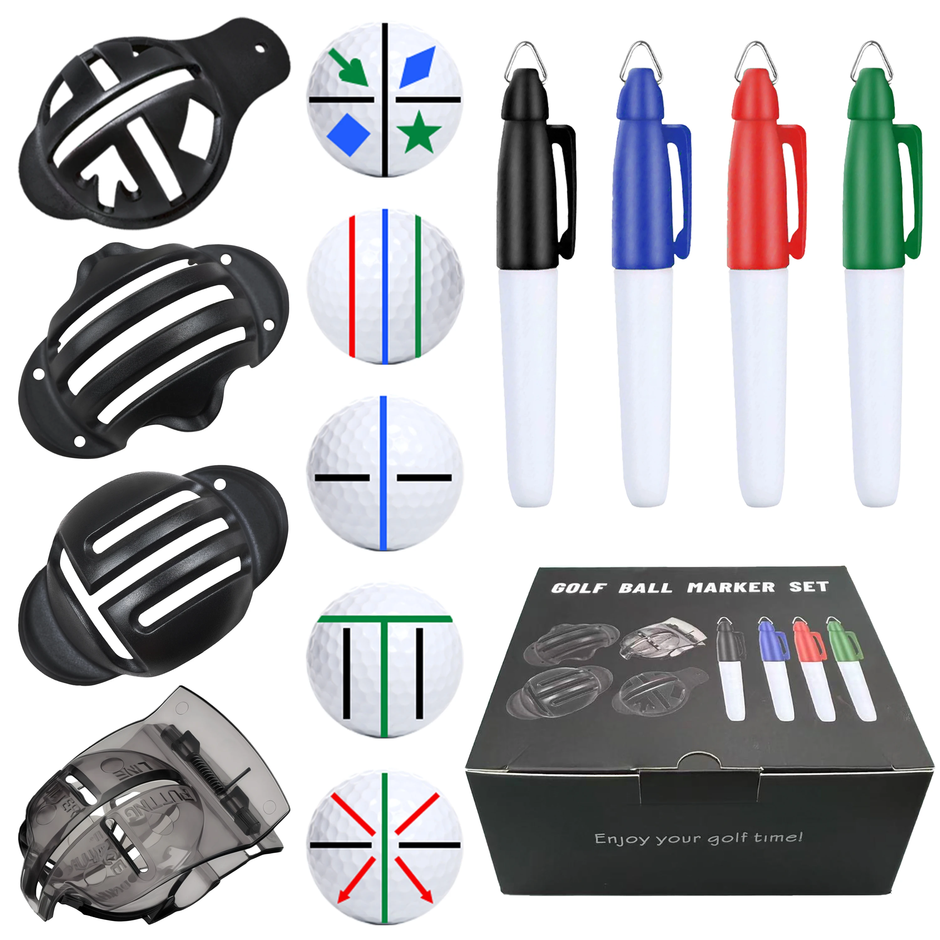 8Pack Golf Ball Marker Kit Professional Alignment Identification Tool,4 Golf Ball Marking Stencils and 4 Colors Golf Ball Marker