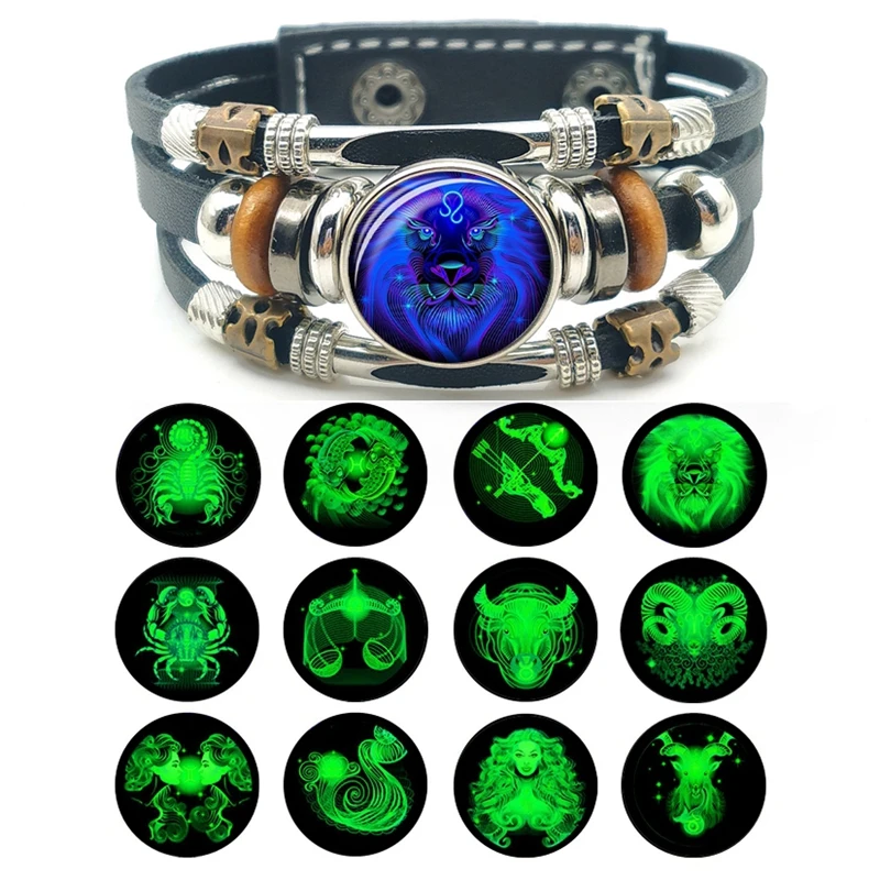 All New Zodiac Sign Luminous Braided Gemini Cancer Leo Virgo Libra Scorpio 12 Constellation Punk Leather Bracelet for Men Women
