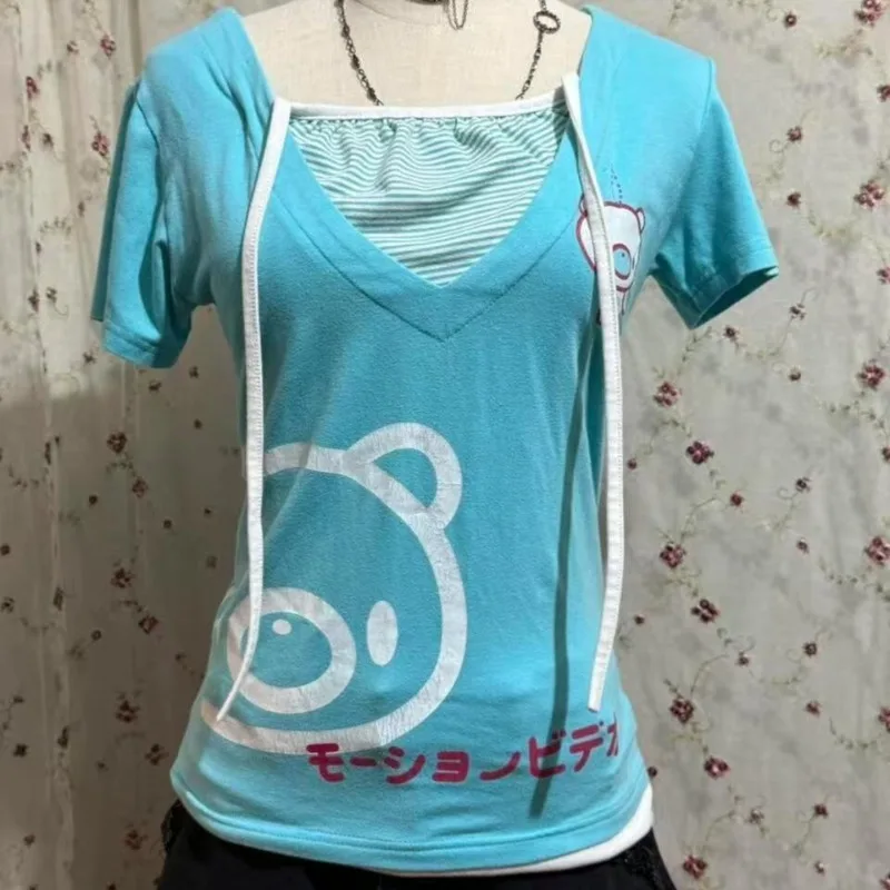 American Hottie T-shirt Subculture Striped Patchwork Tshirts Kawaii Harajuku Cartoon Bear Print Tees Women's Slim Fake Two Tops
