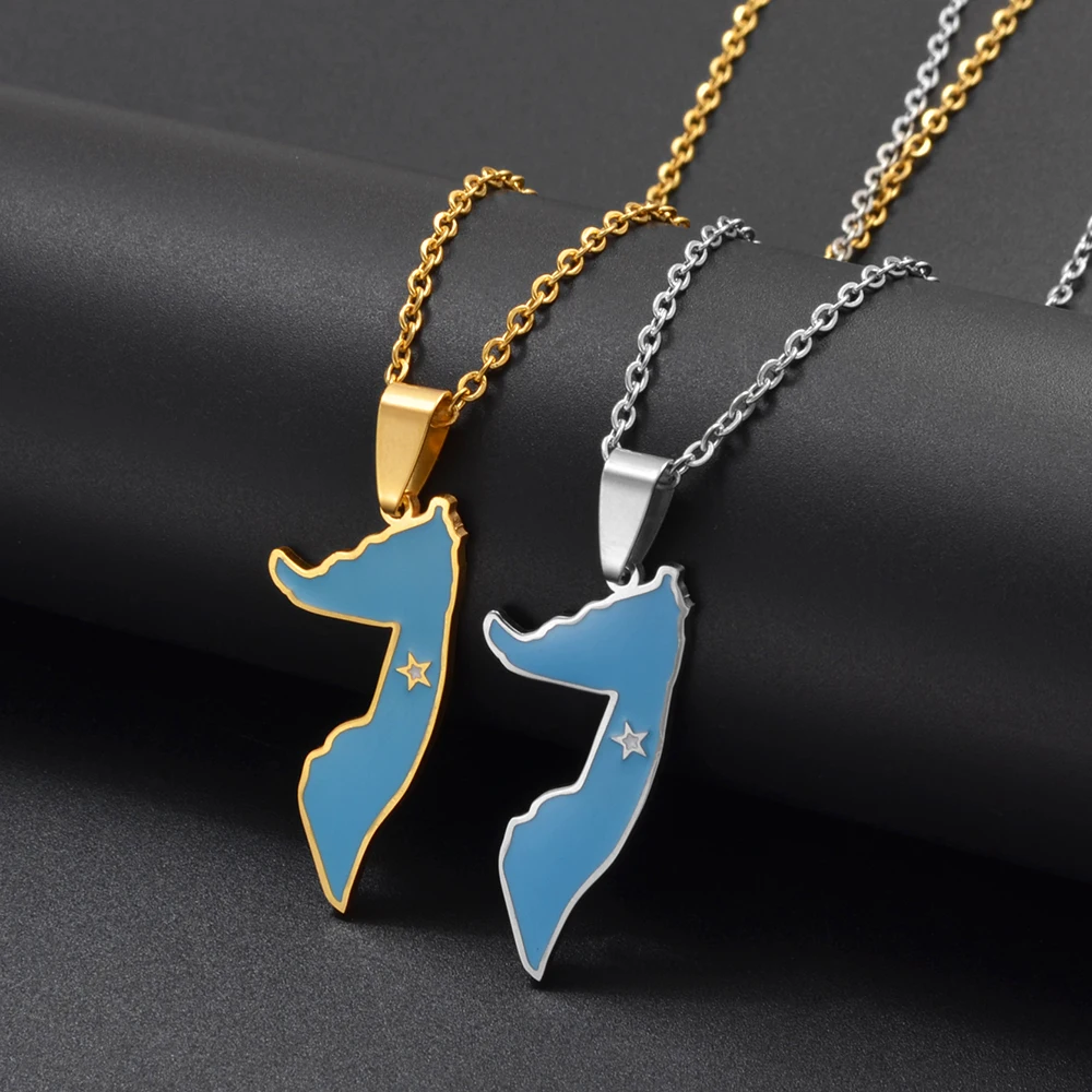 Anniyo Somalia Map (Light Blue Flag) Pendant Necklaces for Women Girls Jewelry Charms Maps @360921