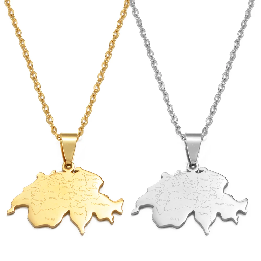 Anniyo Switzerland Map and Cities Pendant Necklaces for Women,Suisse Svizzera Svizra Schweizerische Swiss Maps Jewelry #513762