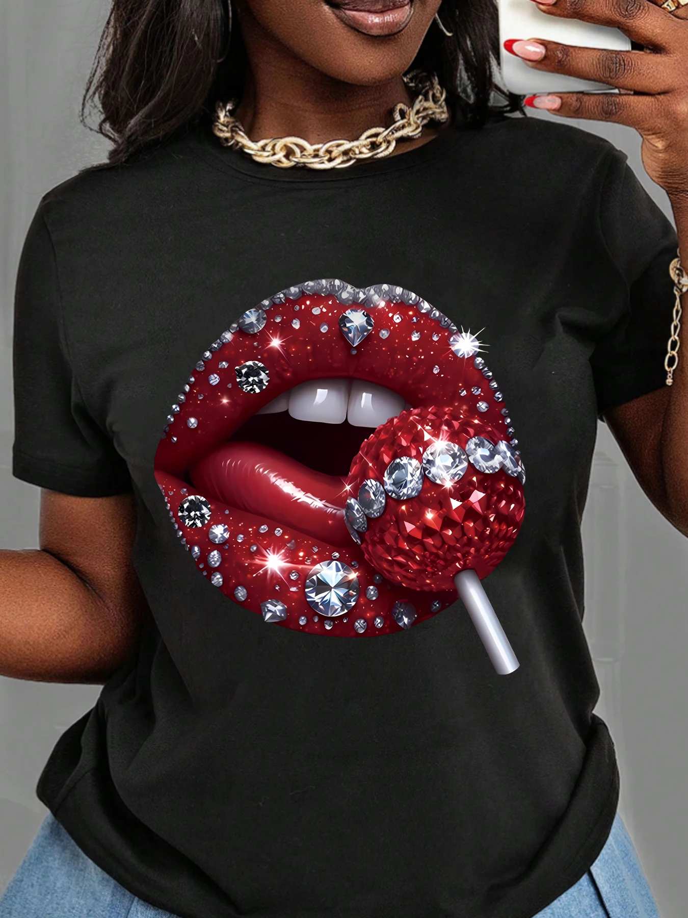 Big mouth eating lollipop pattern round neck plus size women T-shirt short sleeve trend printing elastic half sleeve T-shirt
