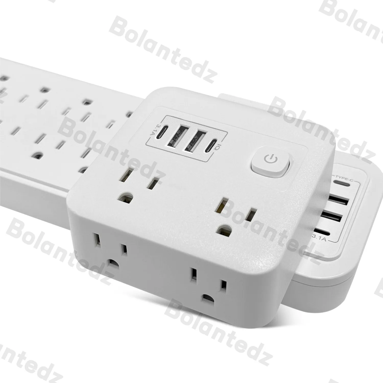 Bolantedz US Switch with surge protector Mini Portable Power socket 8-in-1 Multifunctional 4 sockets 2 USB ports 2 Type-C white