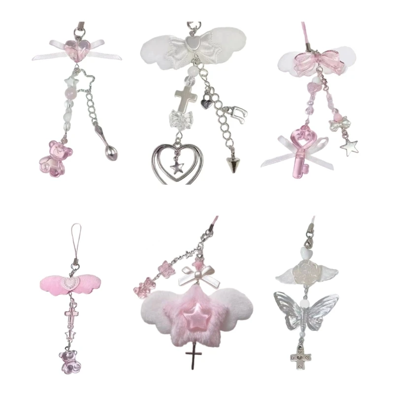 Bowknot Phone Chain Angel Wing Pendant Keychain Sweet Cool Phone Lanyard Acrylic Keyring Bag Ornament
