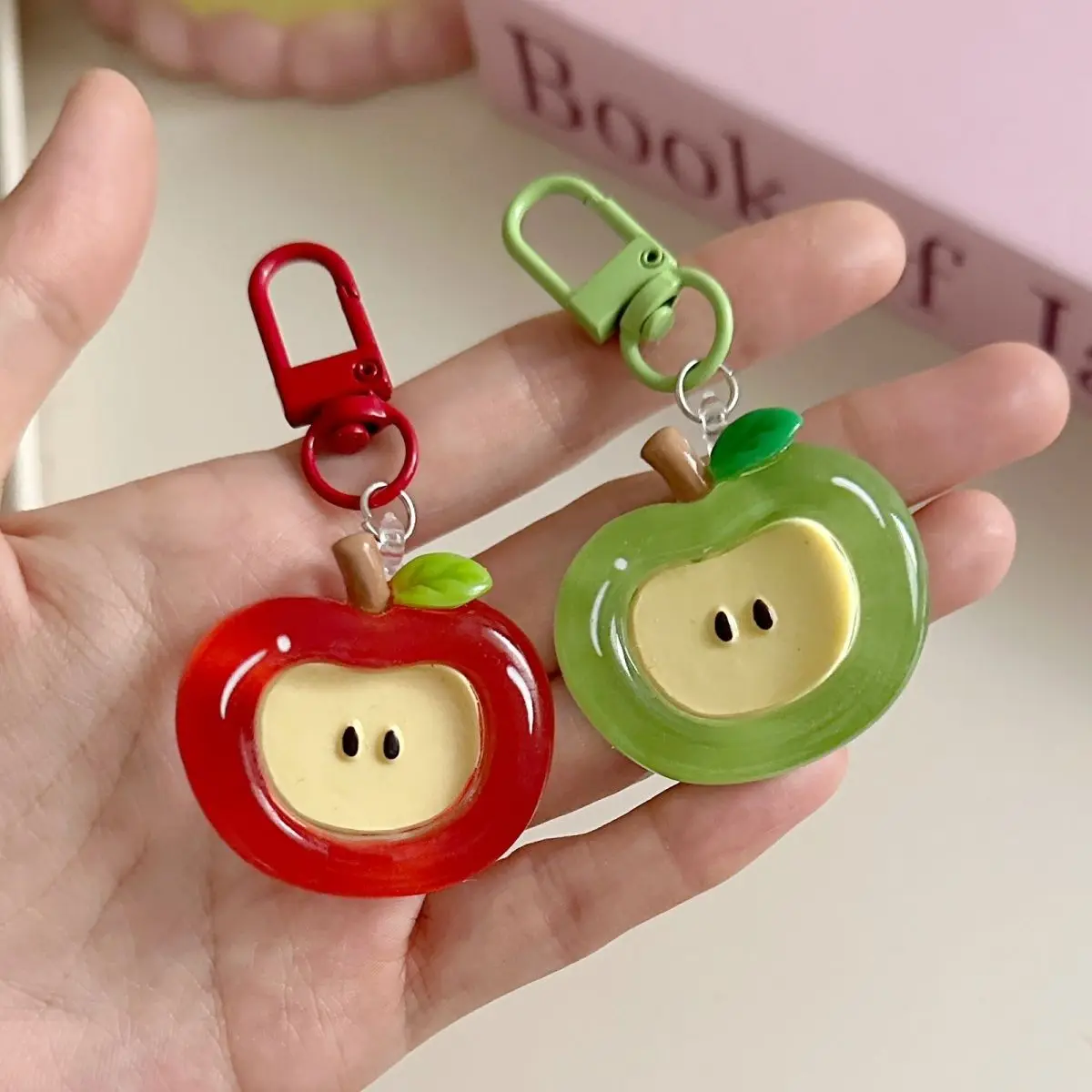 Cartoon Apple Red Green Cute Keychain for Women Lovely Acrylic Apple Shape Bag Decorative Pendant Phone Key Chain Girls Gifts