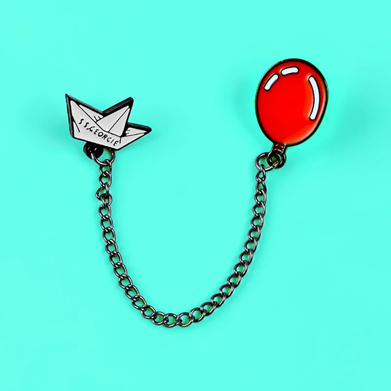 Cartoon SS Georgie Enamel Pins Red Balloon Paper boat chain Brooches clown Stephen King IT Horror movie badges jewelry gifts
