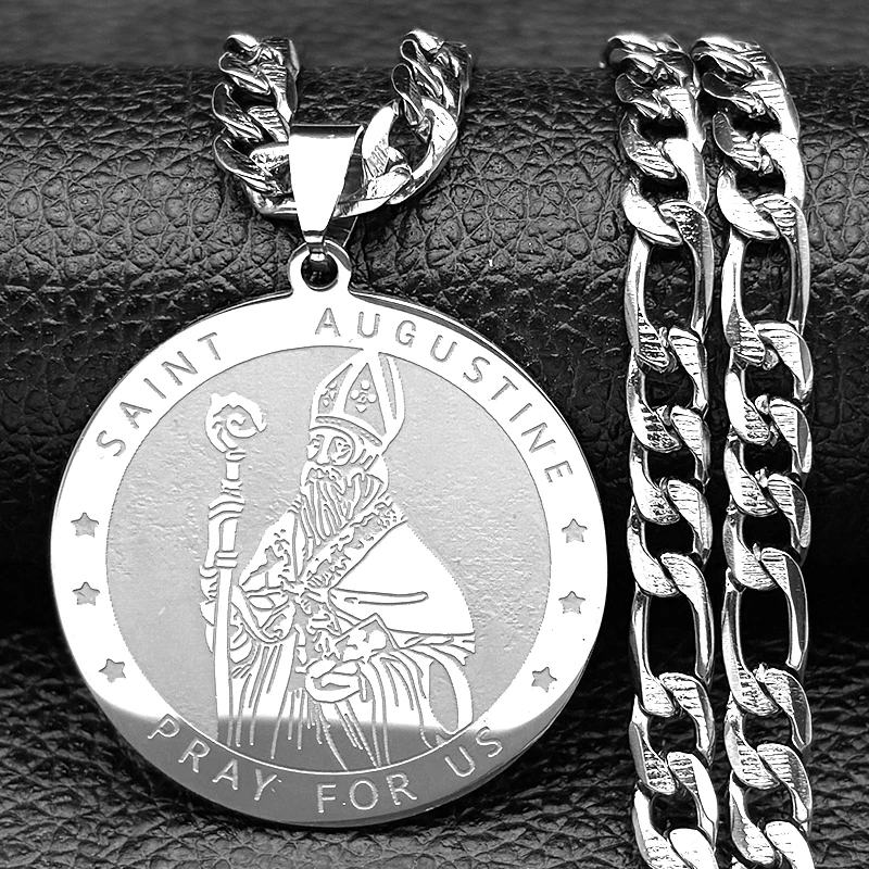 Christian SAINT AUGUSTINE Pray for Us Pendant Necklace for Women Men Stainless Steel Gold Color Round Medal Punk Chain Jewelry
