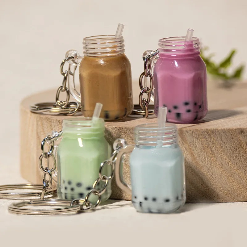 Creative Boba Milk Tea Keychain Lovely Simulation Resin Tea Cup Keyring Bag Pendant Car Key Accessories Women Friends Gift