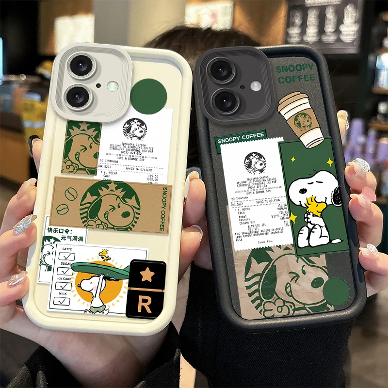 Cute Cartoon Snoopy Coffee Phoen Case For iPhone 16E 16 15 14 13 12 11 Pro Max X XR XS SE 2020 SE4 7 8 Plus Soft Silicone Cover