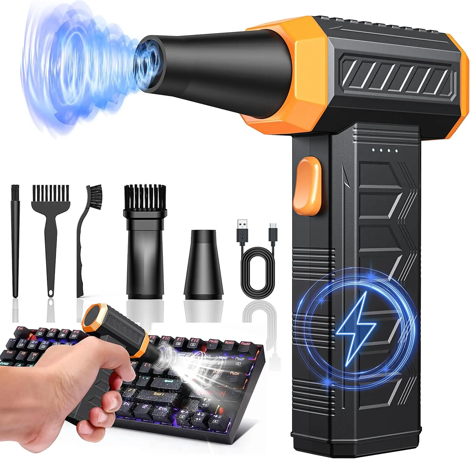 Electric Air Duster 320,000 RPM Compressed Air Duster Blower7600mAh Rechargeable, 3 Speed LED Keyboard PC/Cleaning Blower