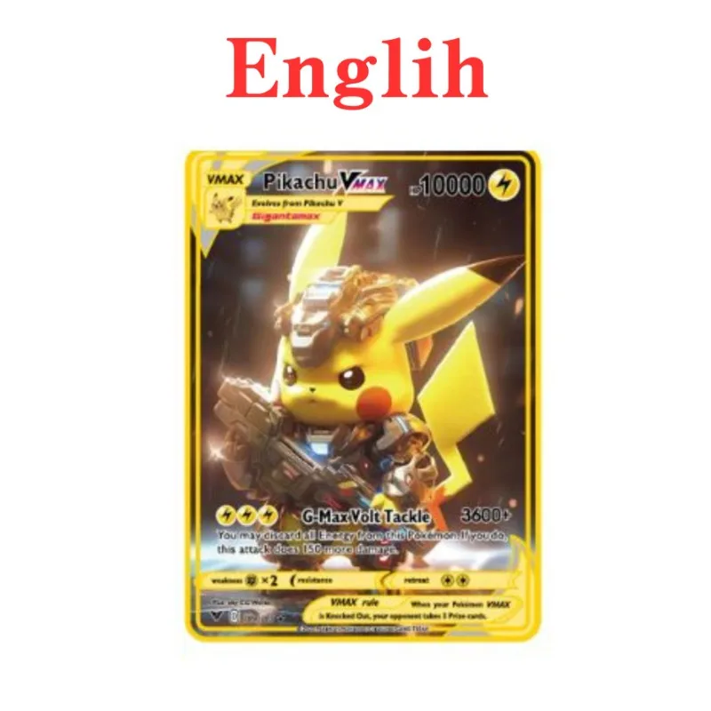 English Metal Pokémon Card - Pikachu Charizard or - Limited Edition Children's Gift Game Collection Card (10,000 Points Gx Vmax)