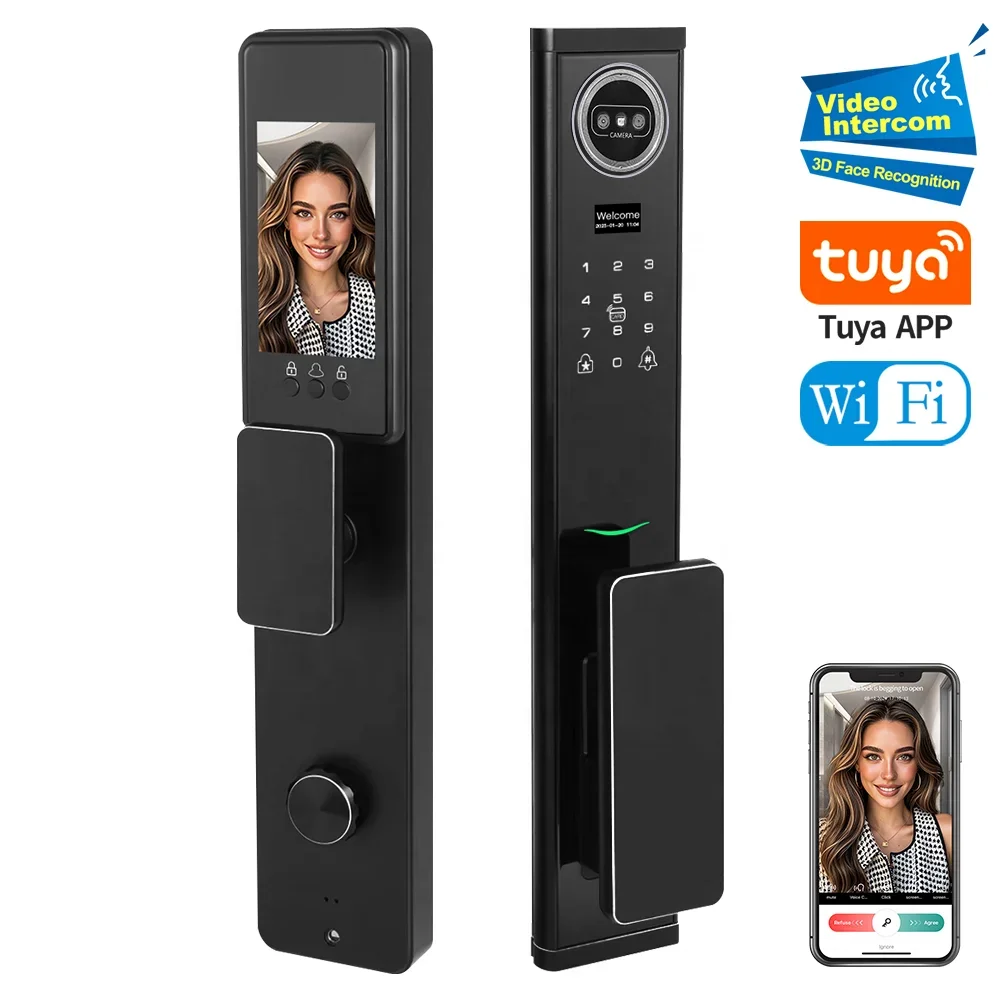 Factory 3D Face Recognition Tuya WIFI Smart Door Lock With cam era and Fingerprint Video Intercom CNC Material Security Door Lo
