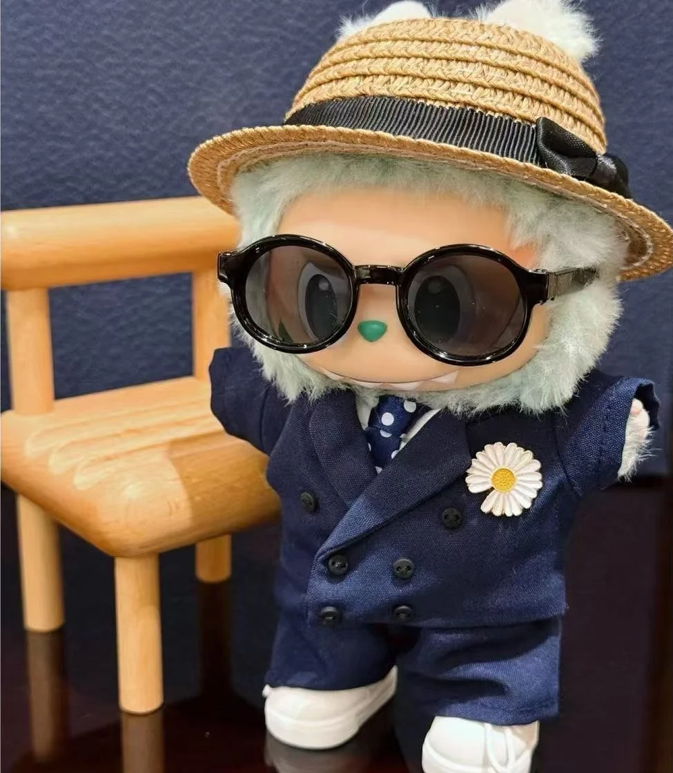 for 15cm Labubu Doll Clothes Accessories Trend Fashion Suit Tie Straw Hat Outfit Plush Dolls Cool Black Sunglasses Dress Up GD
