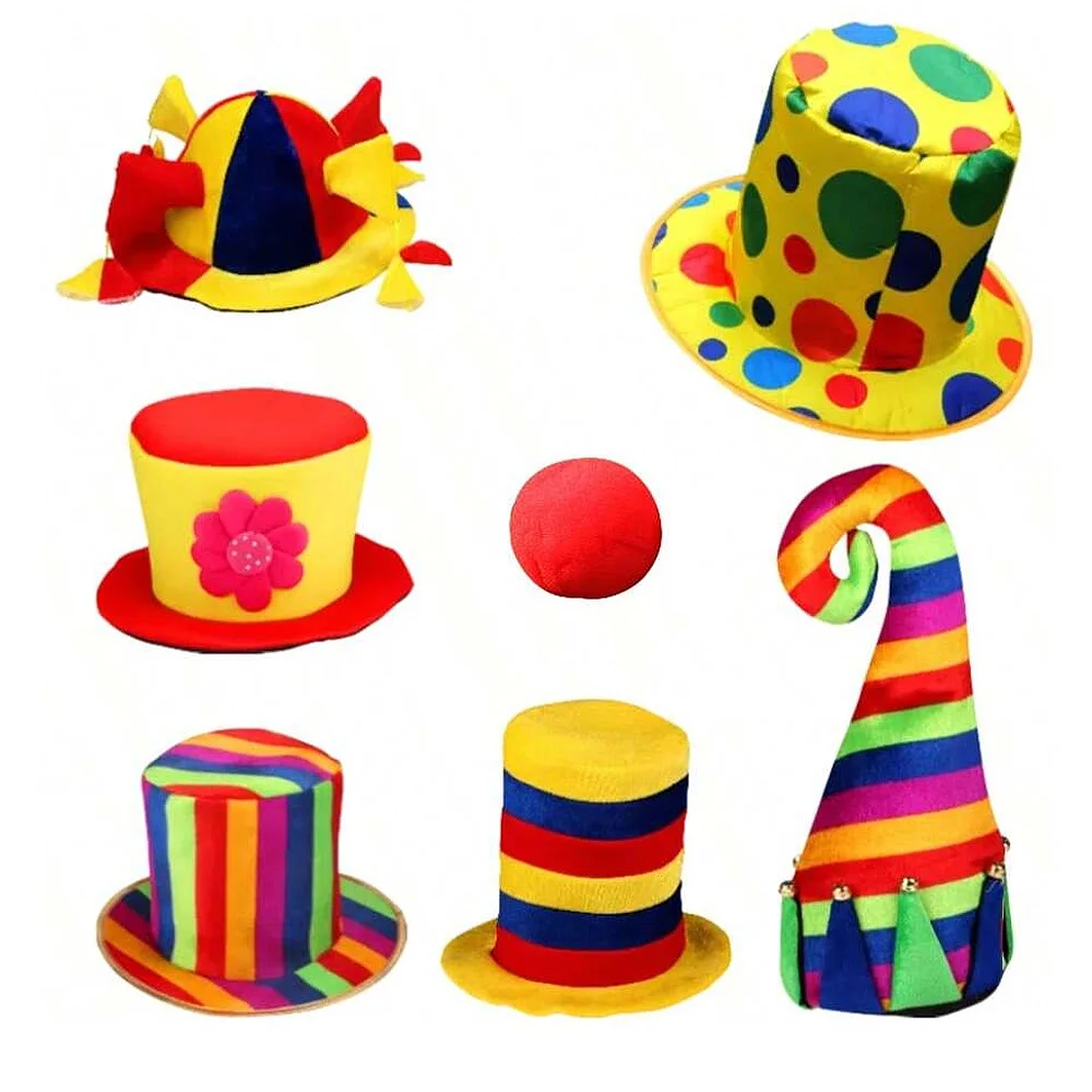 Fun colored clown hat,six styles with red sponge nose! Suitable for beach,circus performances, parties, and role-playing costume