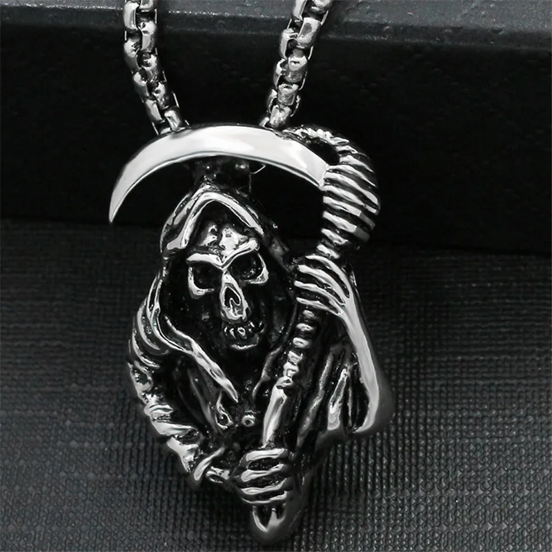 Gothic Grim Reaper Death Scythe Skull Pendant Neckalce Men Stainless Steel Punk Biker Long Chain Necklace Male Hip Hop Jewelry
