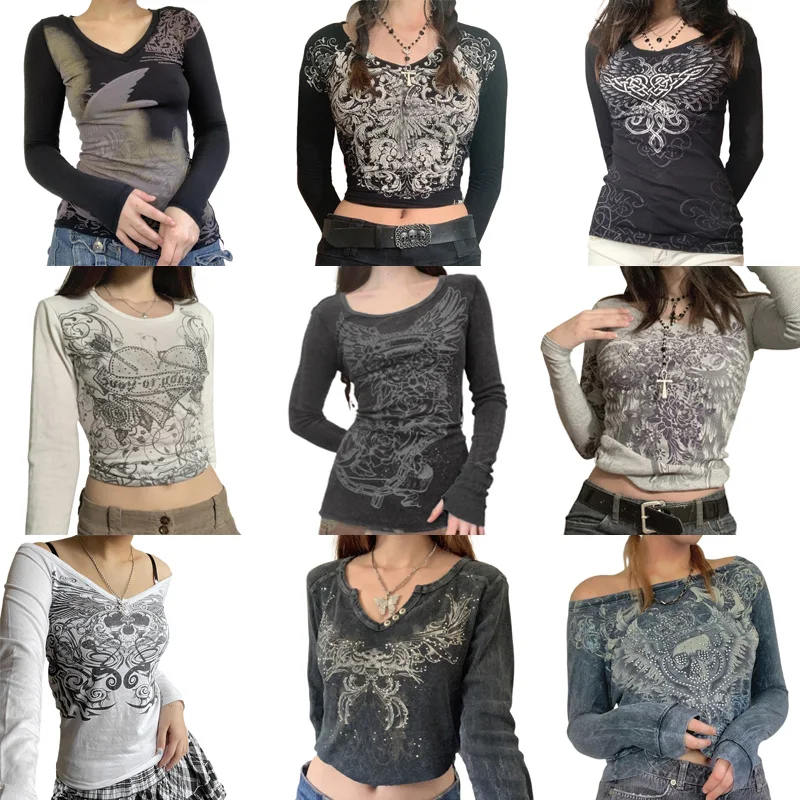 Graphics Print Y2K Retro T Shirt Indie Aesthetics Mall Goth Sweats Tees Autumn Spring Long Sleeve Crop Tops 90s Vintage Grunge