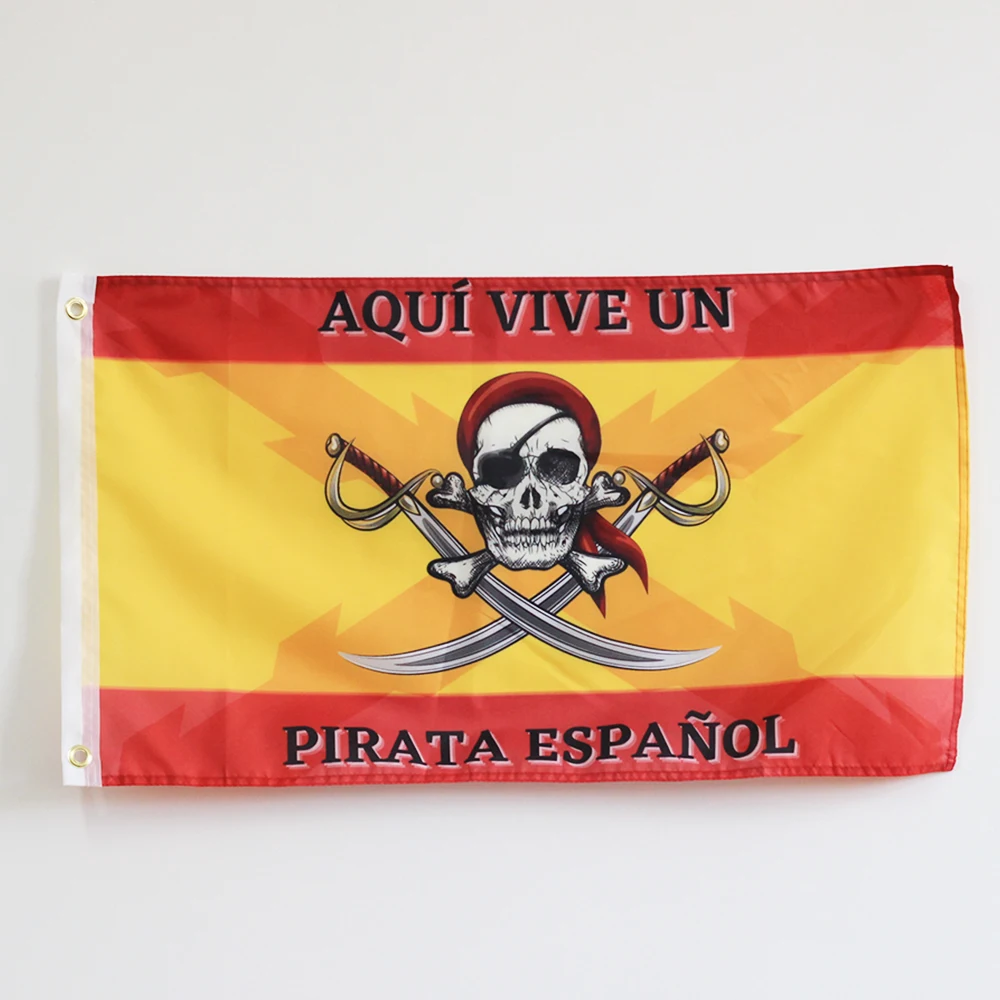 Here Lives A Spanish Pirate Flag of Spain with The Cross of Burgundy A Pirate Skull 3x5 FT 100D Polyester
