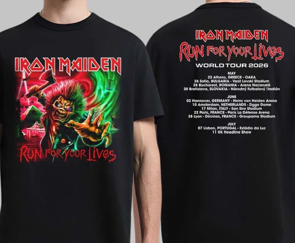 Iron Maiden Run for Your Lives World Tour Double-sided T-shirt Vintage Oversized Cotton Men Tops Women Round Neck Tee Clothing
