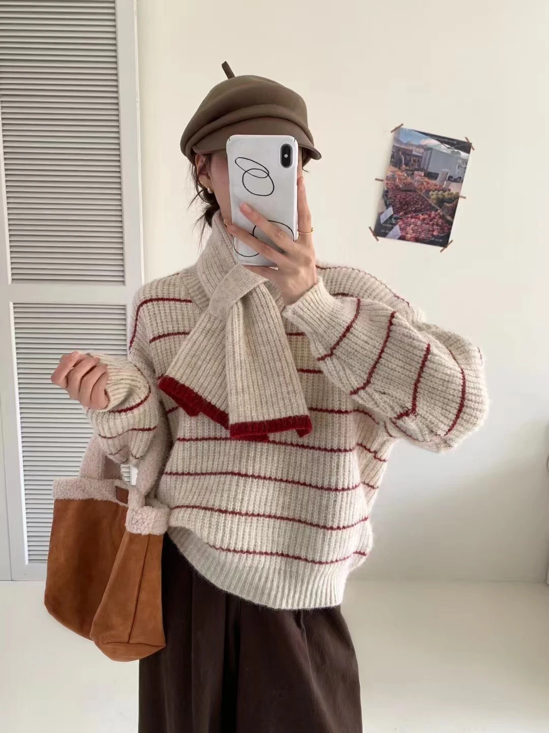 Korean Academic Style Wool Blend V-Neck Striped Sweater Women Winter Warm Thick Knit Top with Scarf Collar Casual Turtleneck