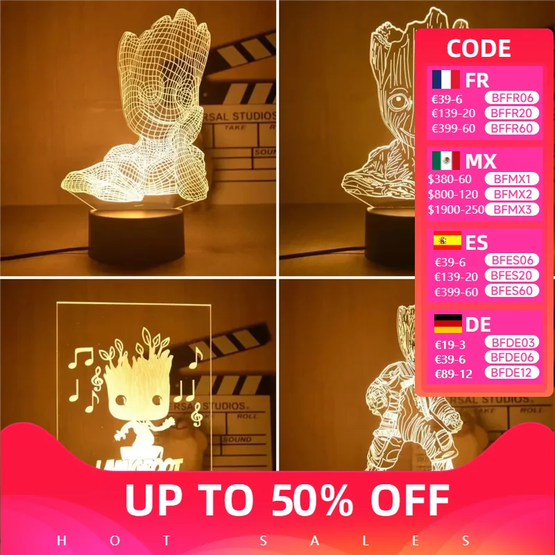 Marvel Avengers Groot Night Light Anime Toys Action Figure Disney Table Lamp Tree Man Groot Acrylic Model Kids Christmas Gifts