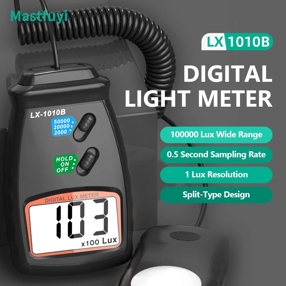 MASTFUYI Digital Lux Meter 0-100,000 Lux Portable Light Meter with LCD Display Measures Lux/FC Photometer for Indoor/Outdoor