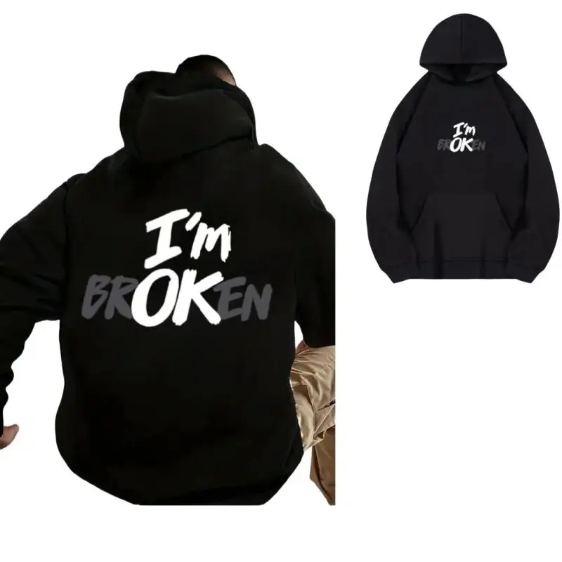 Men's Hoodie-pullover Long-sleeved Shirt Eye-catching "I'm Broken" Back Print Kangaroo Pocket Design-new Autumn And Winter