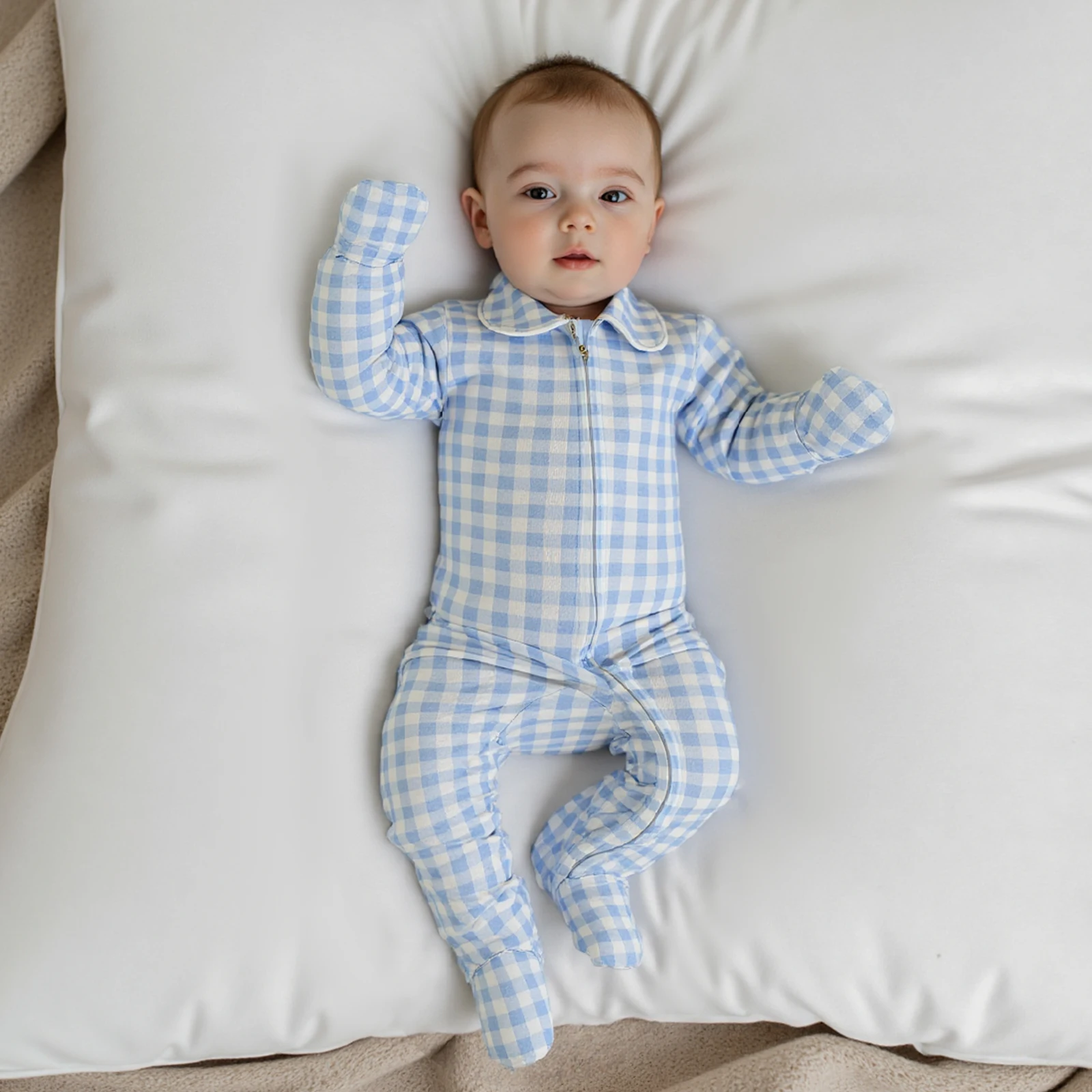 Newborn Autumn Cotton Footies Baby Fall Romper Plaid Print Doll Collar Long Sleeve Zip Up Footed Jumpsuit Clothes