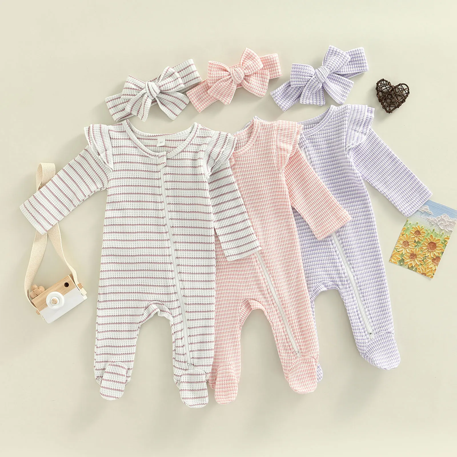 Newborn Baby Girls Footies Suit, Long Sleeve Zipper Ruffle Patchwork Casual Party Street Spring Jumpsuits +Headband 0-9M