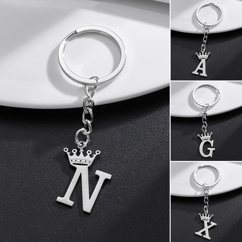 NEW Crown 26 Initials Letter Keychain for Women Stainless Steel Alphabet Pendant Keyrings Girls Handbag Wallet Key Chain Jewelry