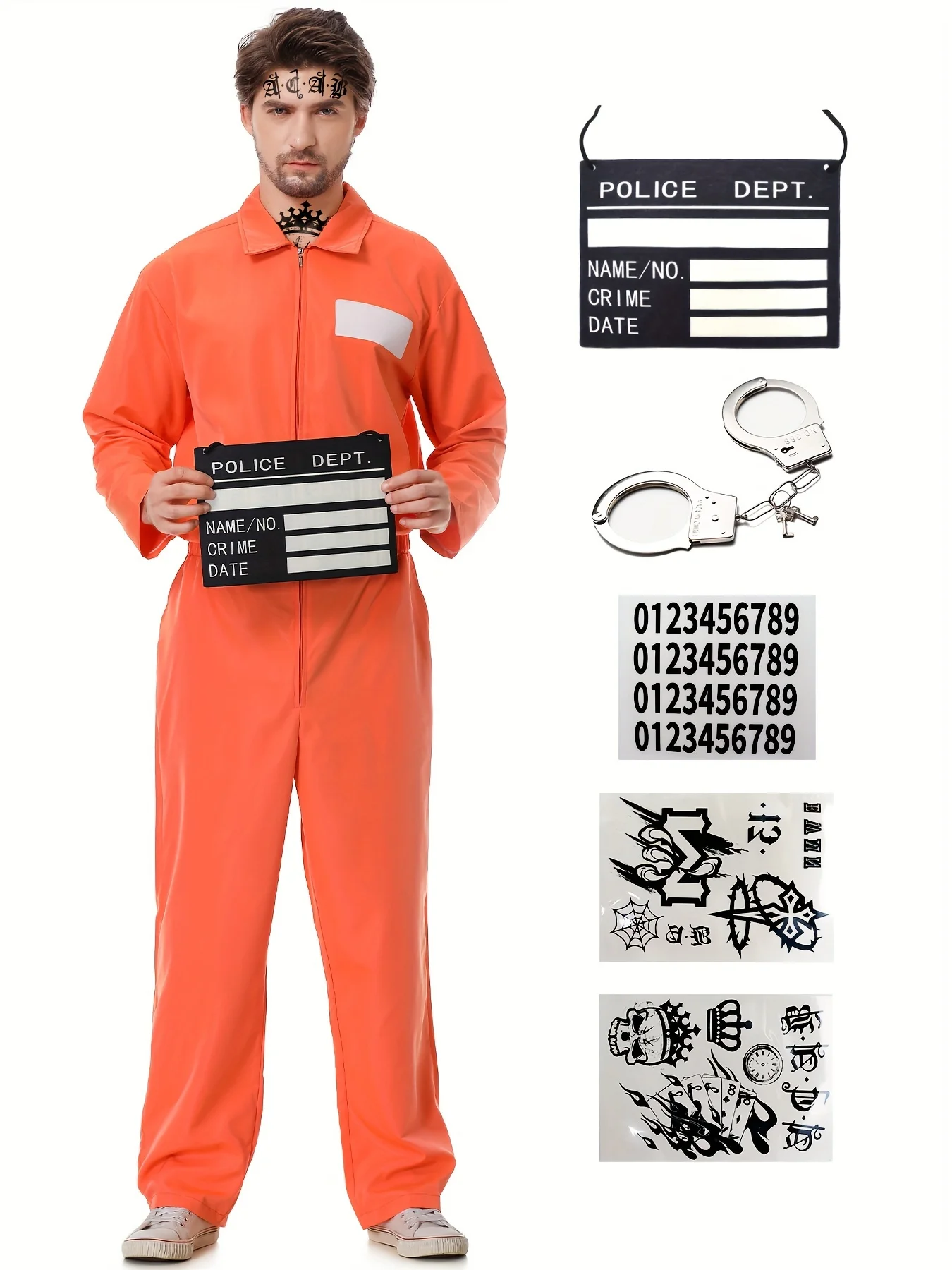 Prisoner costume set orange jumpsuit 5pcs/set handcuffs prisoner costume printed prison uniform cosplay prisoner party Halloween