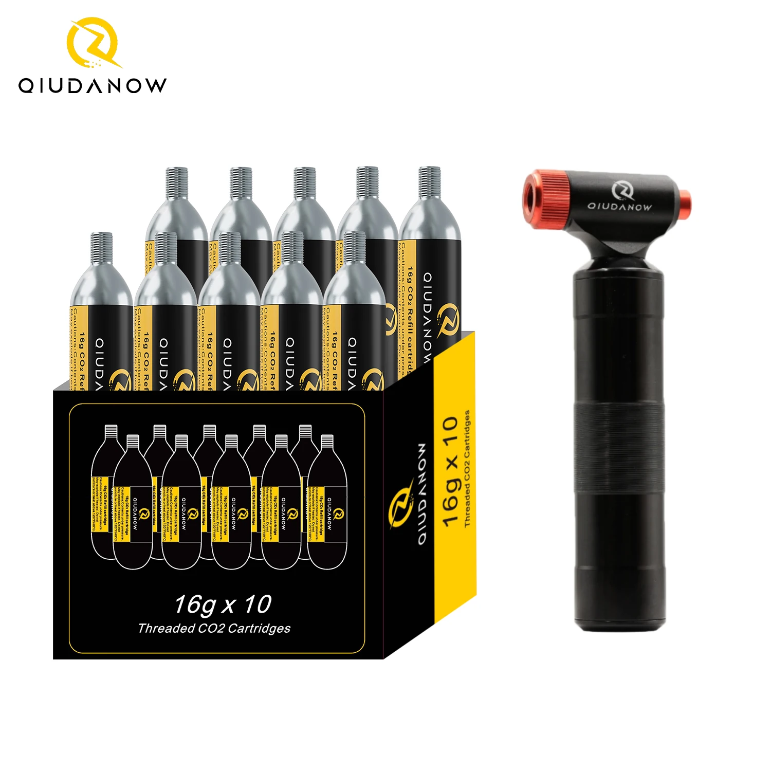 QIUDANOW CO2 Bike Pump For Schrader& Presta with storage canister Fully Aluminum Tire Tube inflator kit Mini size MTB road bike