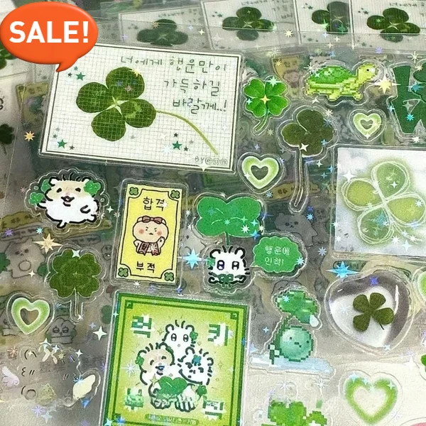 Steve Random 4pcs Set Green four-leaf Clover Transparent Star Glitter Film Cut Stickers Lovely Jouranl Deco Stickers New