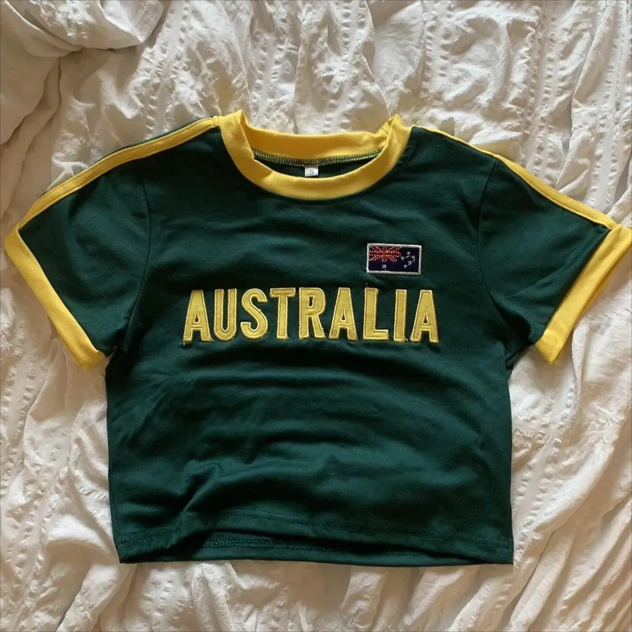 Summer Green T-shirt Women Australia Letter Print Crop Tops Casual Short Sleeve Retro Tees Y2k Clothes Punk Aesthetic Streetwear