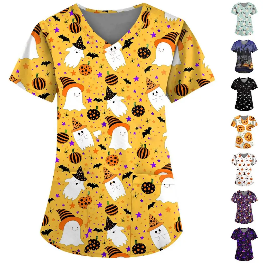Summer Halloween V-neck Short Sleeved Nursing Medical Uniforms Shirts Unisex Tee Hotel Hospital Doctor Operating Scrub T-shirt