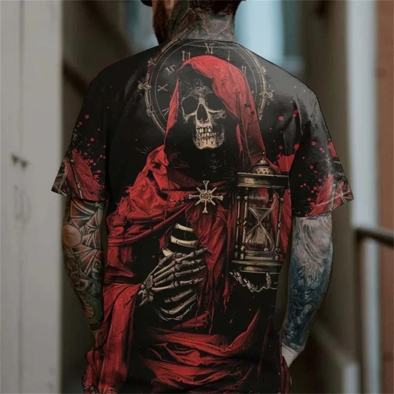 Summer Men's T-shirt 3D Death Skull Printed Loose Retro Top Street Casual Round Neck Polyester Fiber Short Sleeve Graphic Shirts