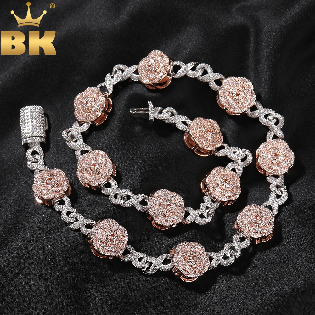 THE BLING KING Rose Flower Infinity Link Chain Necklace Prong Setting 5A Cubic Zirconia Choker HipHop Fashion Jewelry